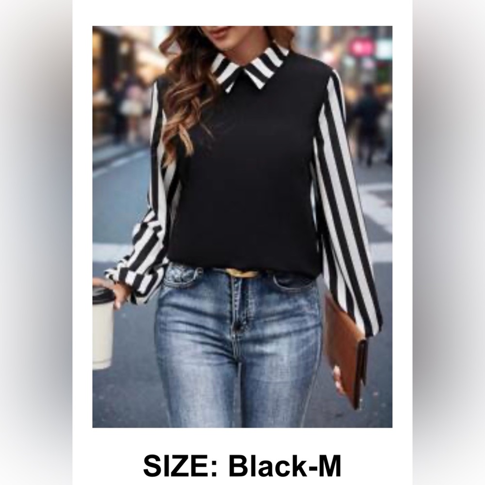 SHEIN Privé Women's Turn-Down Collar Striped Lantern Sleeve Shirt